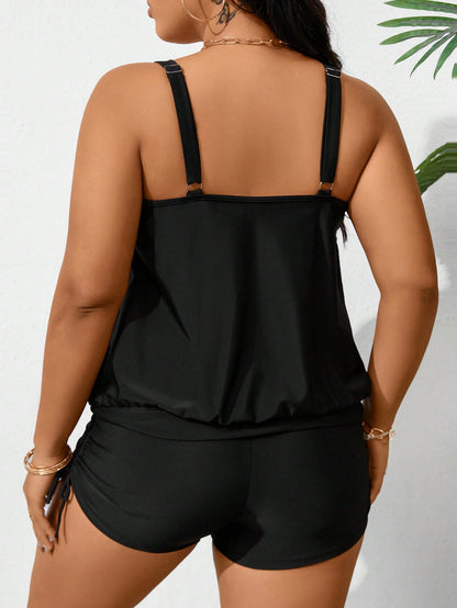 Swim Lushoire Plus Size Women's Solid Color Ruched Tankini Swimwear Summer