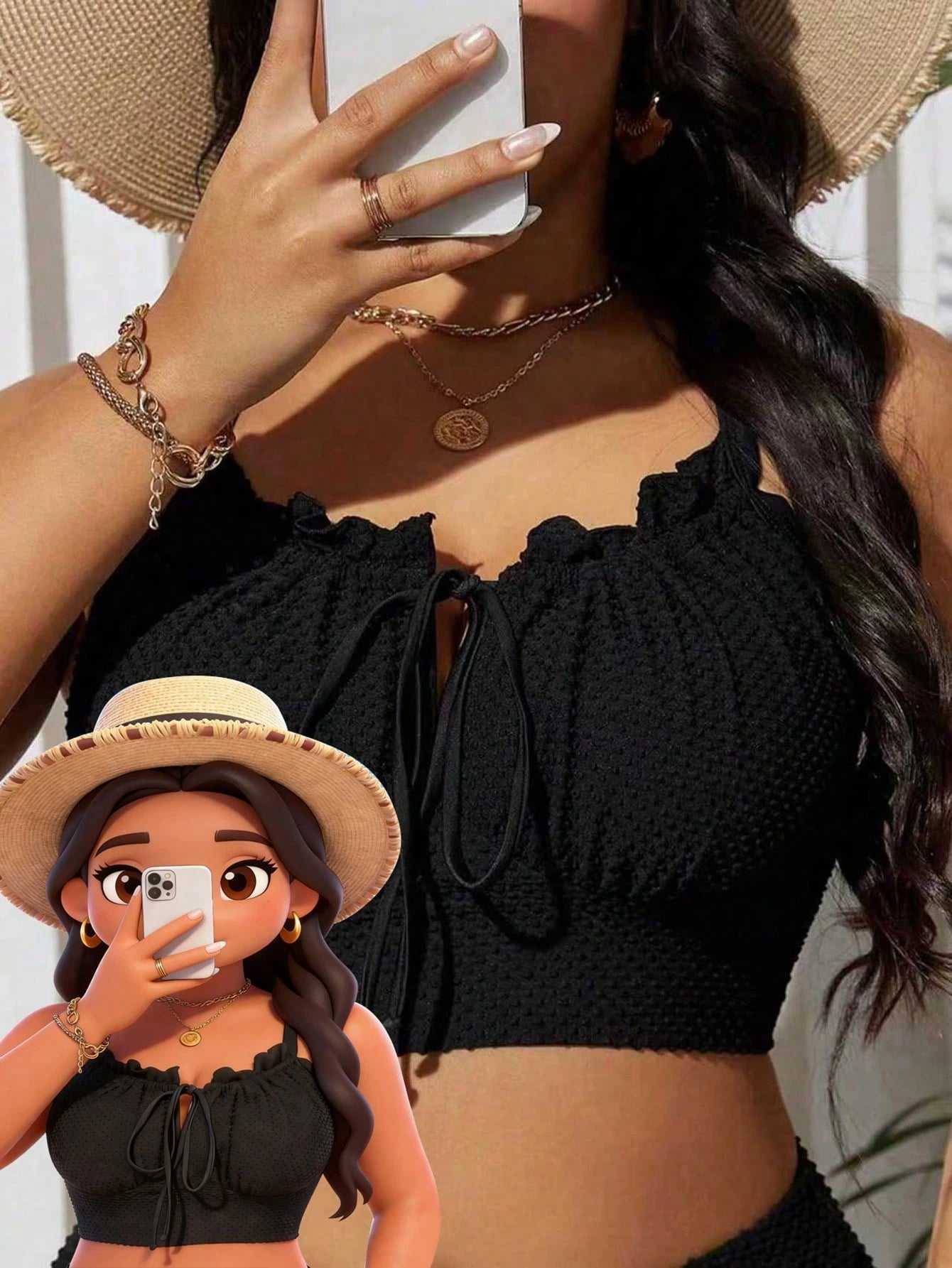 Swim Lushoire Plus Size Women's Solid Color Textured Frill Trim Tie Front Swimwear Top, Summer Beach