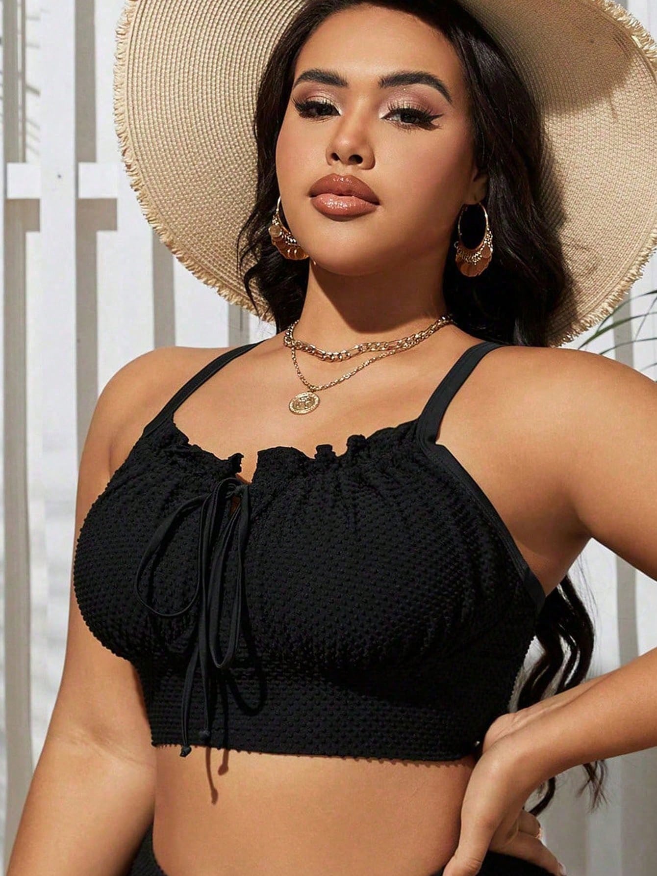 Swim Lushoire Plus Size Women's Solid Color Textured Frill Trim Tie Front Swimwear Top, Summer Beach