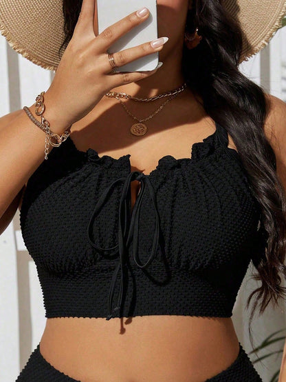 Swim Lushoire Plus Size Women's Solid Color Textured Frill Trim Tie Front Swimwear Top, Summer Beach