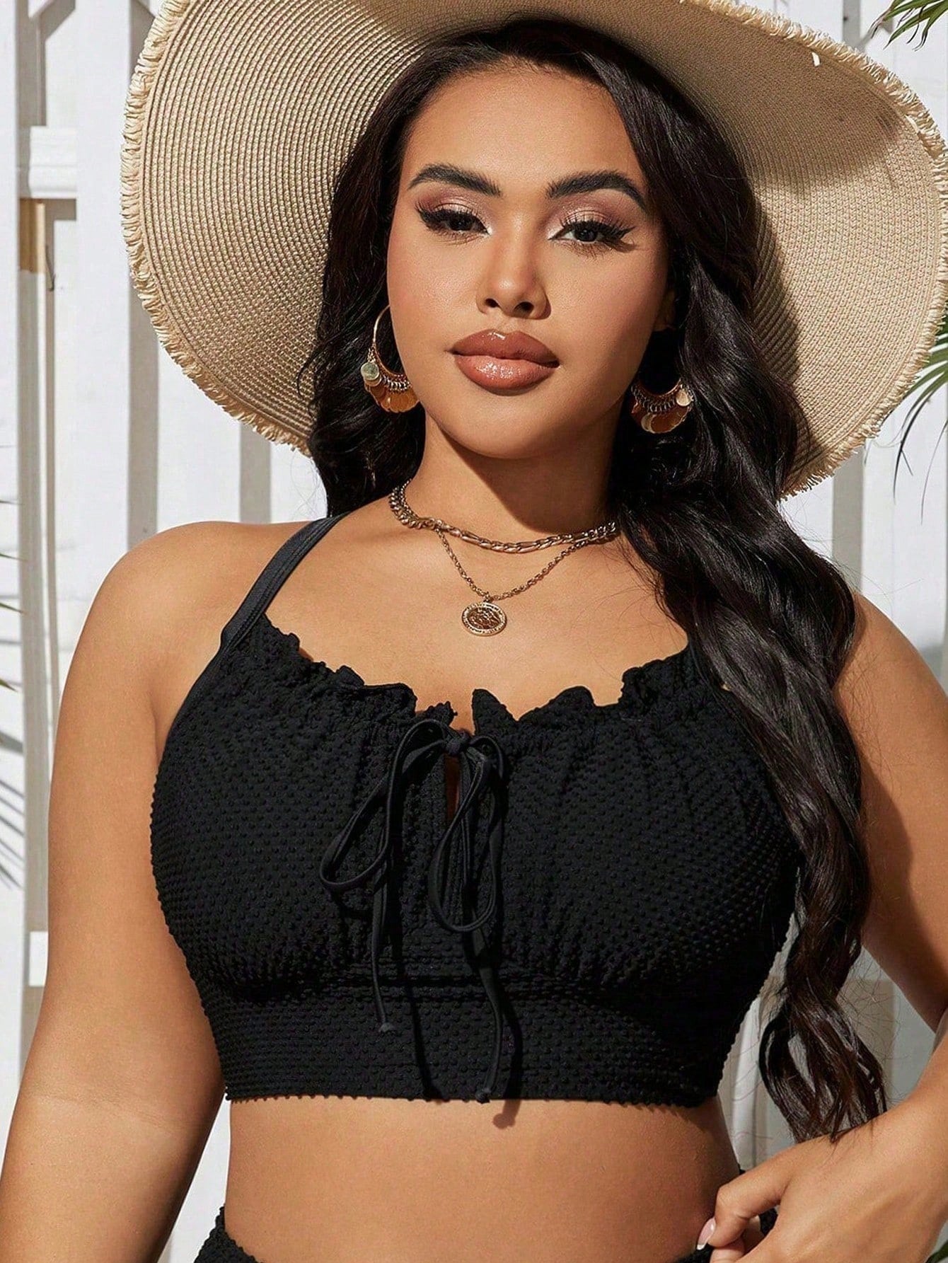 Swim Lushoire Plus Size Women's Solid Color Textured Frill Trim Tie Front Swimwear Top, Summer Beach