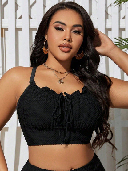 Swim Lushoire Plus Size Women's Solid Color Textured Frill Trim Tie Front Swimwear Top, Summer Beach