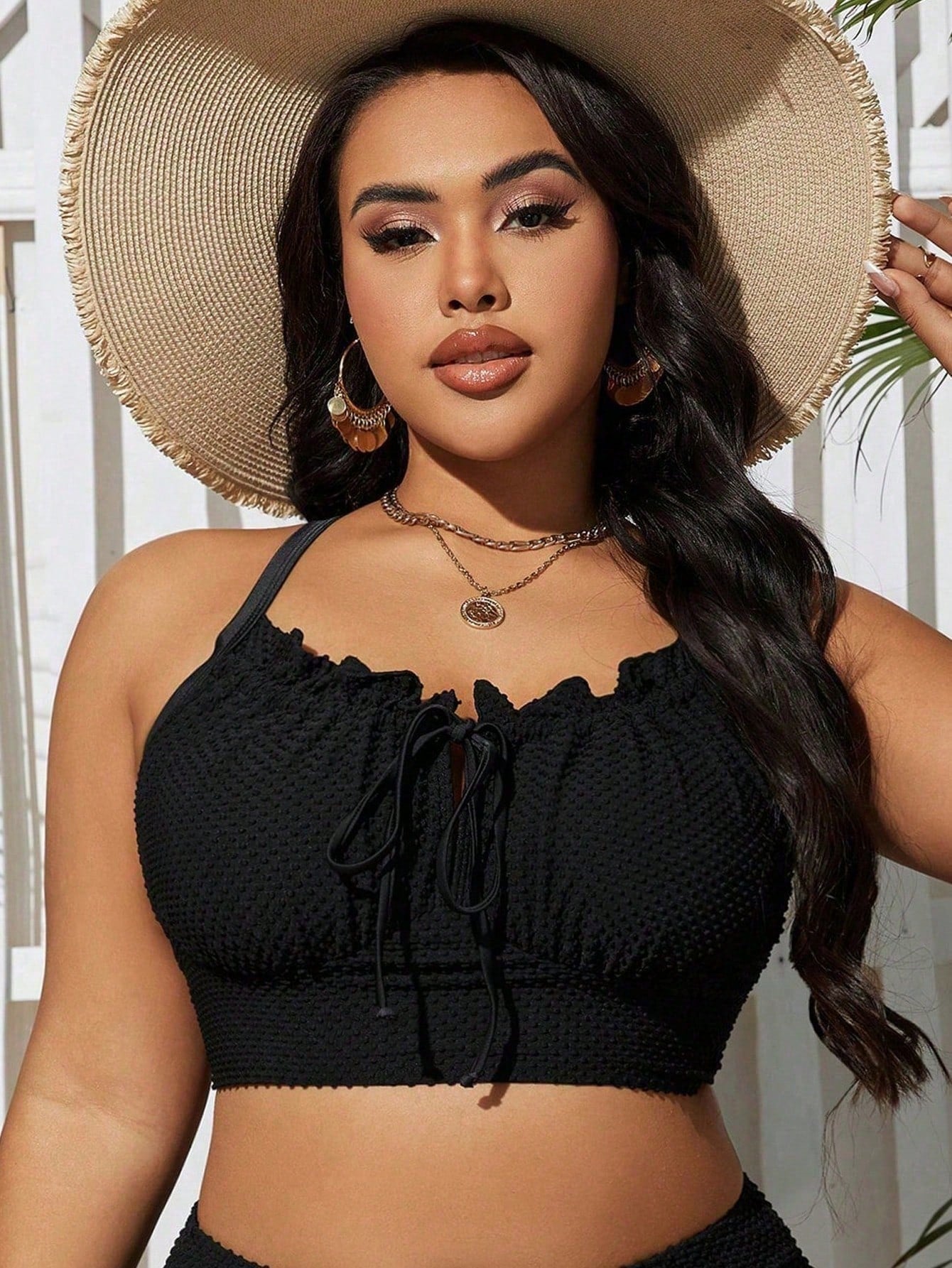 Swim Lushoire Plus Size Women's Solid Color Textured Frill Trim Tie Front Swimwear Top, Summer Beach