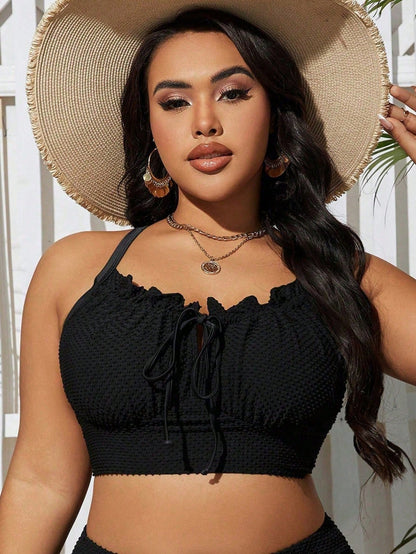 Swim Lushoire Plus Size Women's Solid Color Textured Frill Trim Tie Front Swimwear Top, Summer Beach