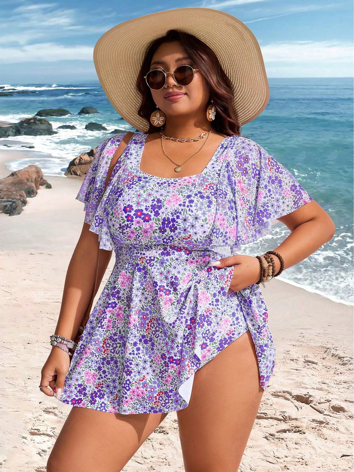 Swim Lushoire Plus Size Women Short Sleeve Ditsy Floral Swim Dress Tankini Set For Summer Beach Vacation