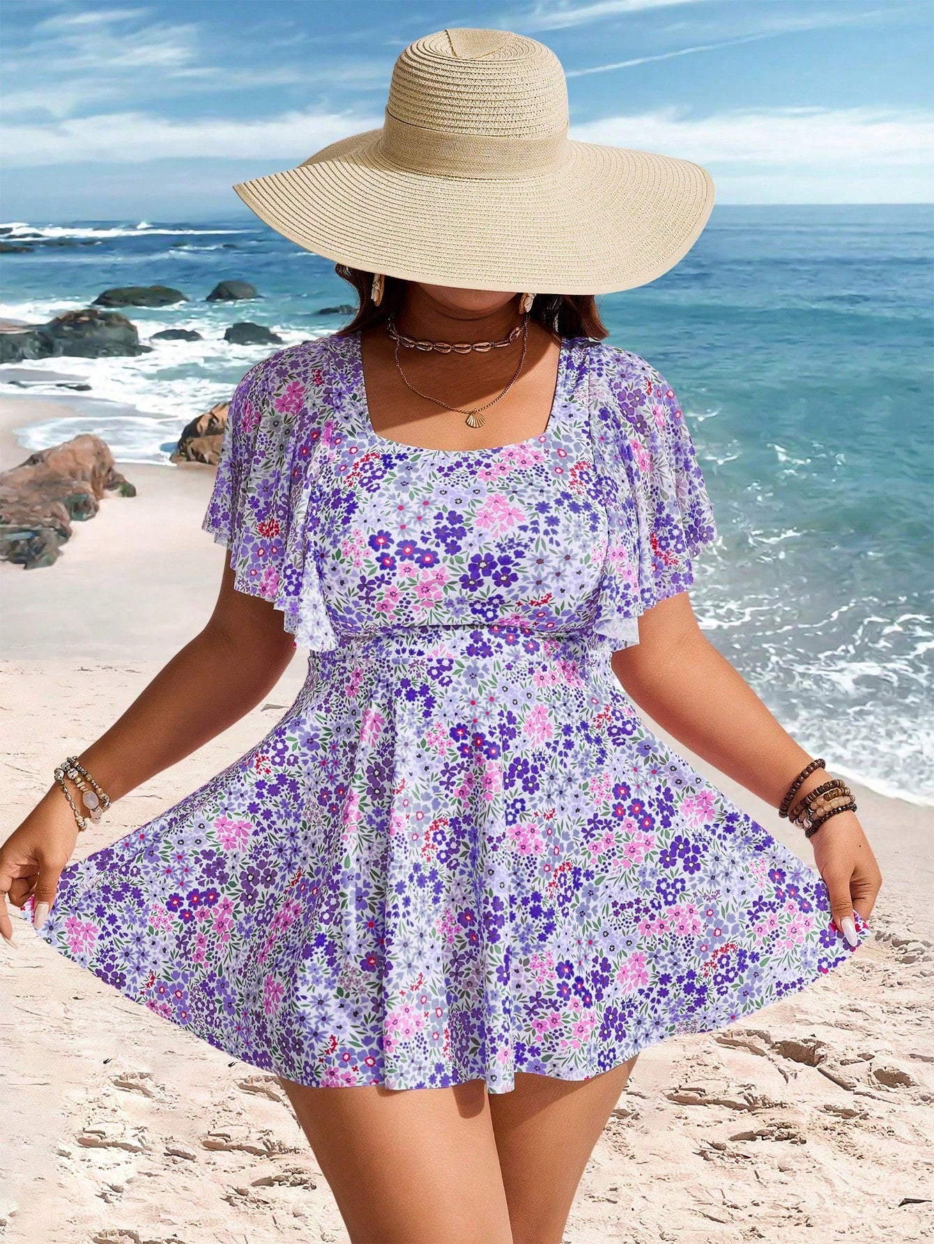 Swim Lushoire Plus Size Women Short Sleeve Ditsy Floral Swim Dress Tankini Set For Summer Beach Vacation