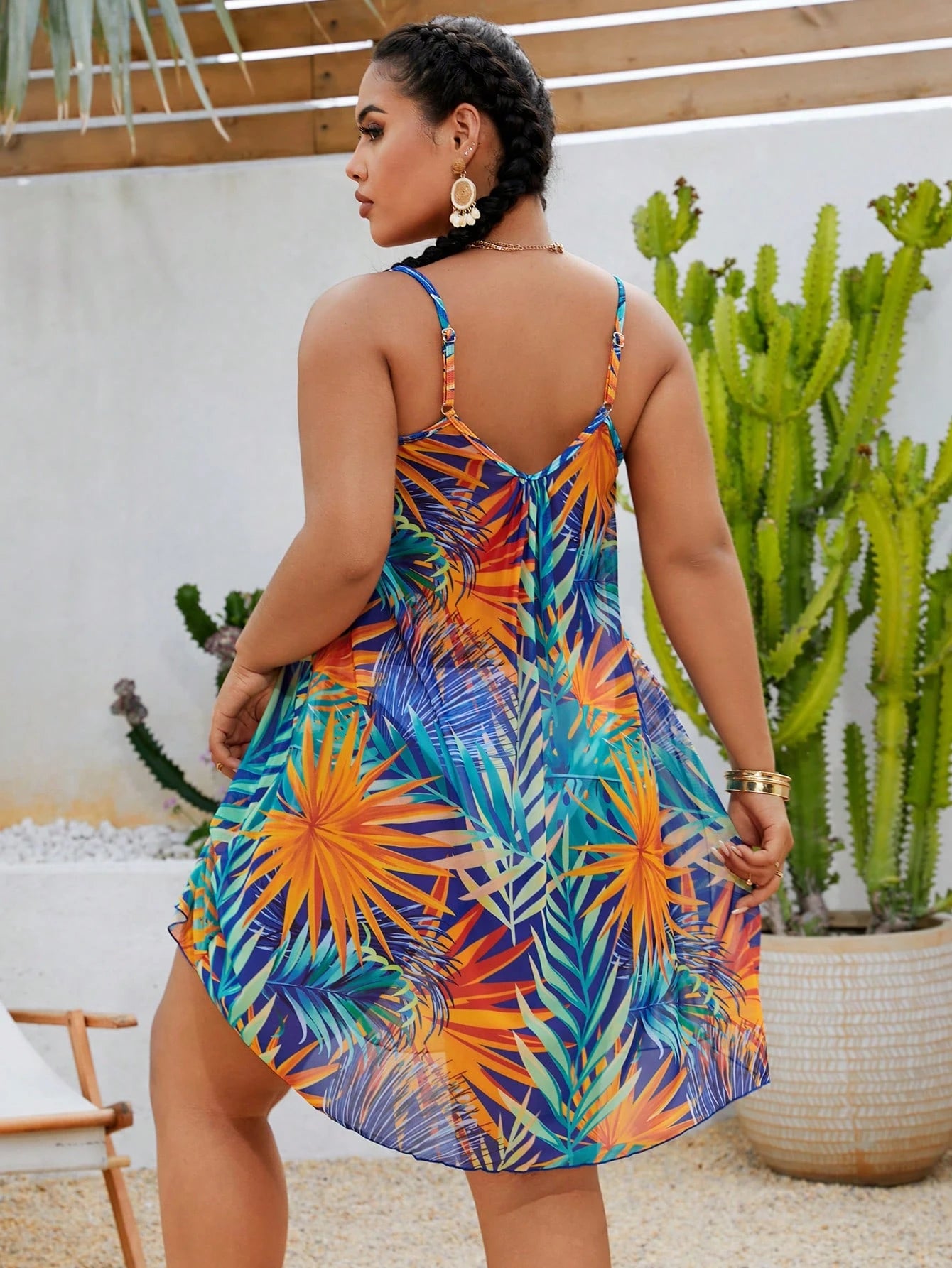 Swim Lushoire Plus Size Women Tropical Plant Print Slip Dress Coverup For Summer Beach Vacation