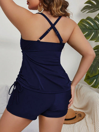 Swim Lushoire Plus Summer Beach Solid Tankini Set Drawstring Side Adjustable Strap Cami Top & Bikini Shorts 2 Piece Bathing Suit