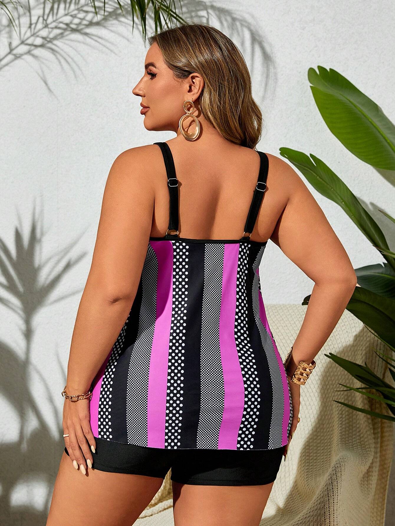 Swim Lushoire Plus Summer Beach Striped Print Top & Shorts Tankini Set For Summer