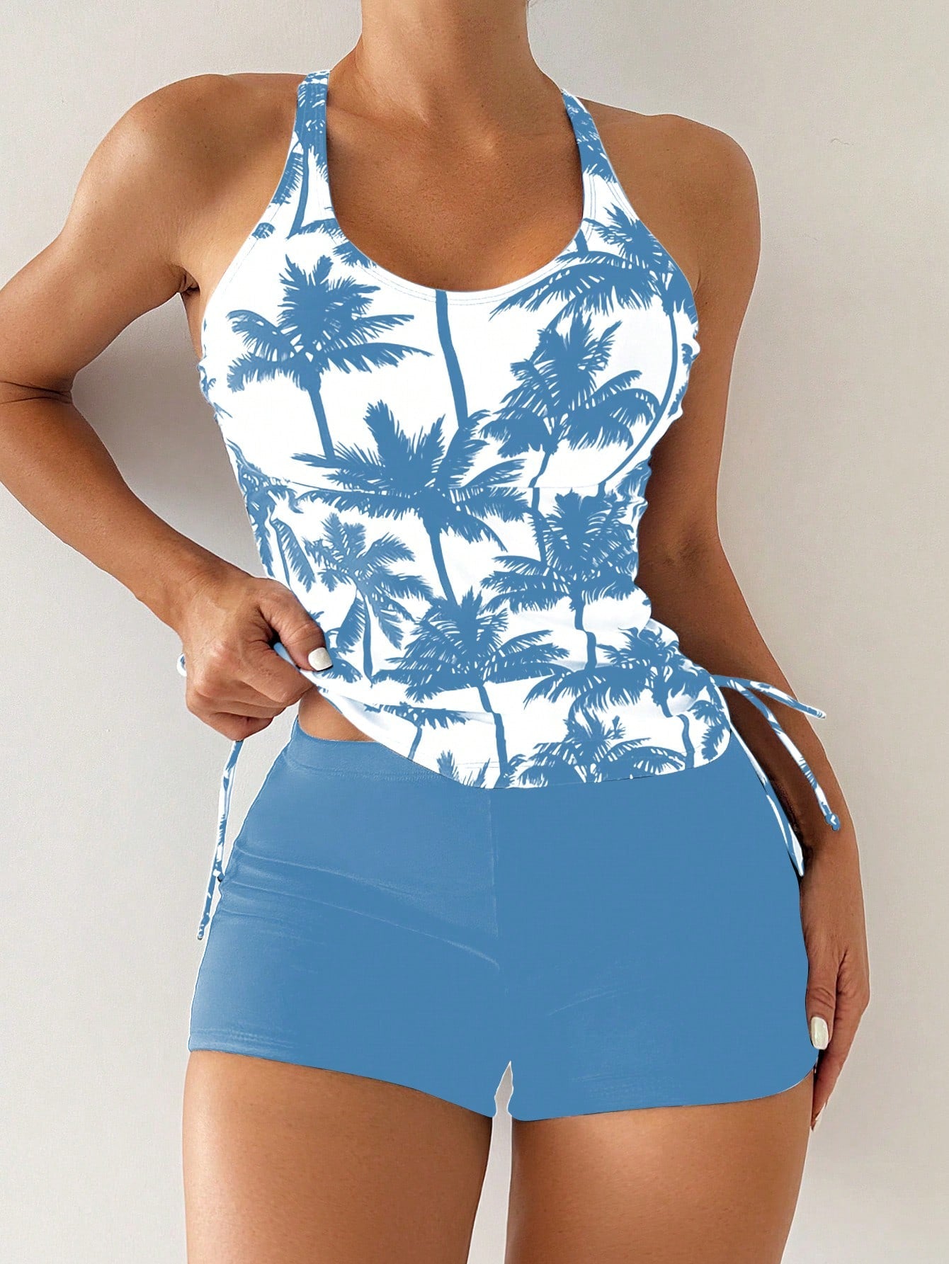 Swim Lushoire Sleeveless Halter Neck Tropical Print Tankini Set With Short Bottoms For Women