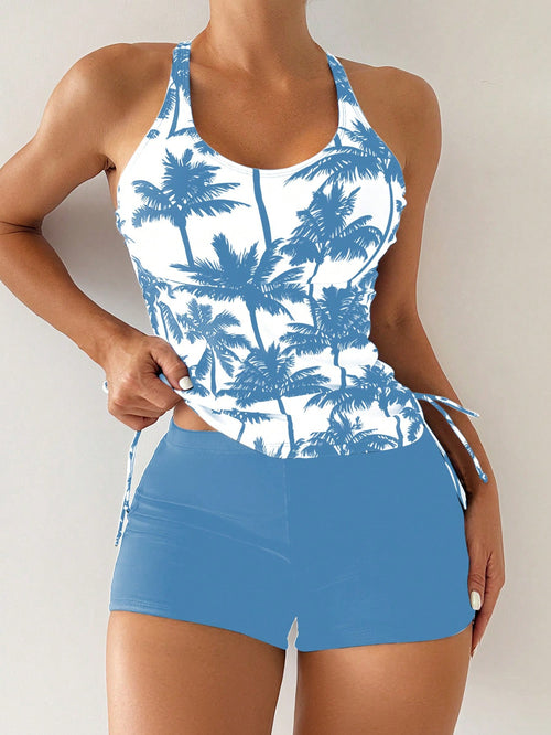 Swim Lushoire Sleeveless Halter Neck Tropical Print Tankini Set With Short Bottoms For Women