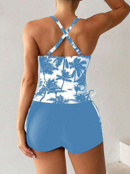 Swim Lushoire Sleeveless Halter Neck Tropical Print Tankini Set With Short Bottoms For Women