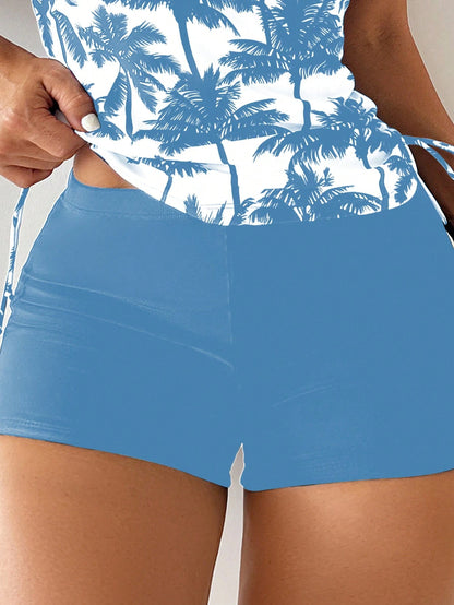 Swim Lushoire Sleeveless Halter Neck Tropical Print Tankini Set With Short Bottoms For Women