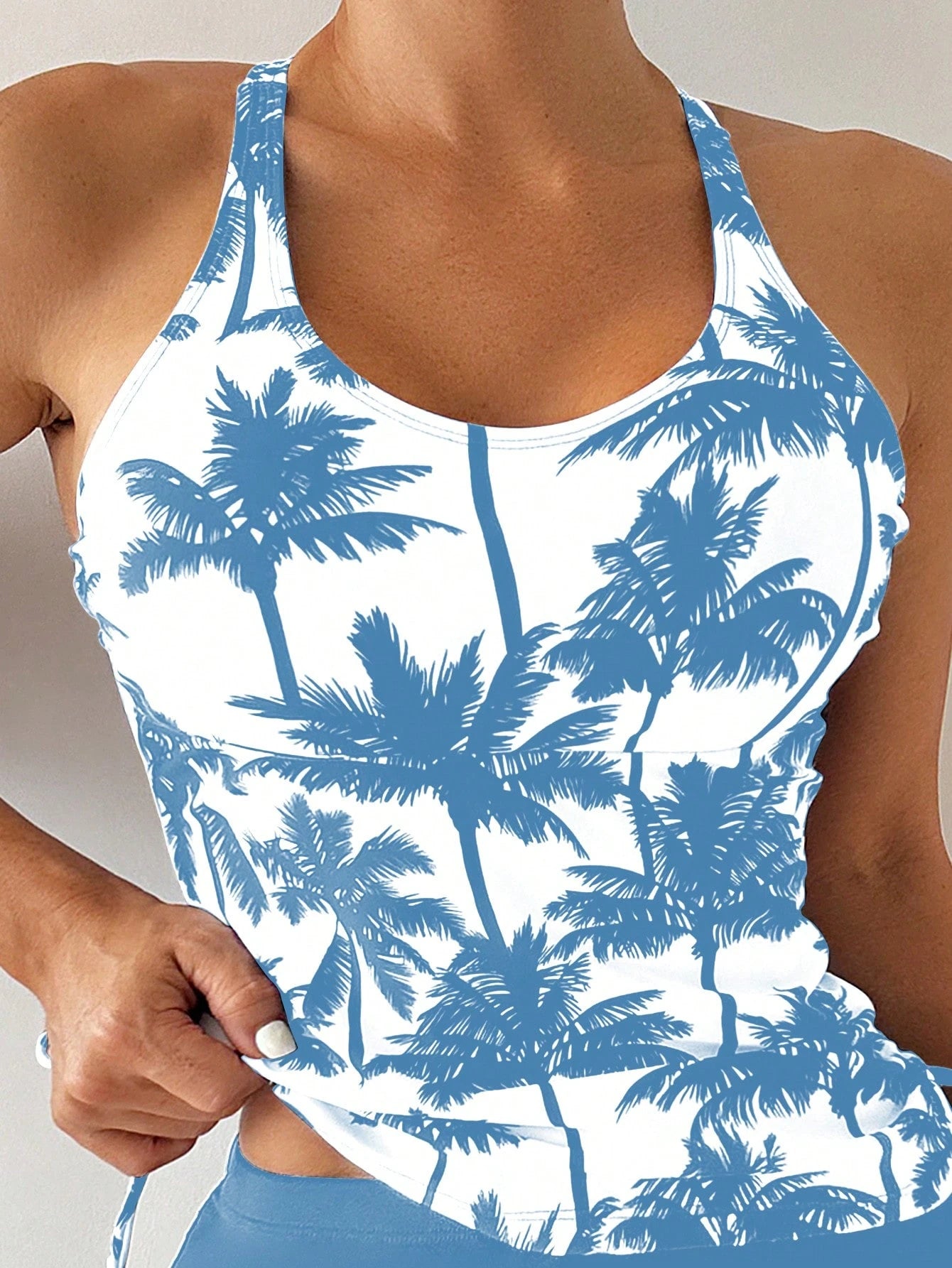 Swim Lushoire Sleeveless Halter Neck Tropical Print Tankini Set With Short Bottoms For Women