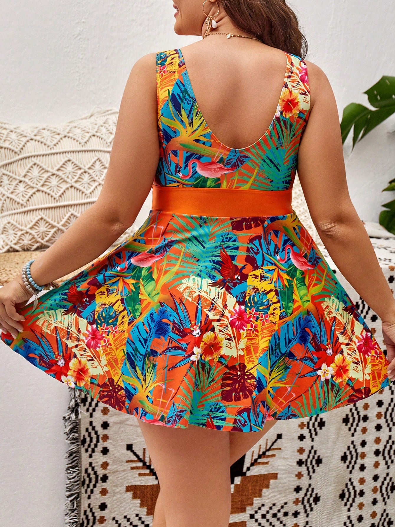 Swim Lushoire Summer Beach Plus Size Tropical Print Contrast Mesh Swim Dress