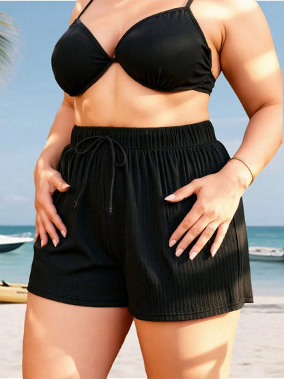 Swim Lushoire Summer Beach Plus Size Women's Adjustable Waist Tie Pocket Swim Bottom