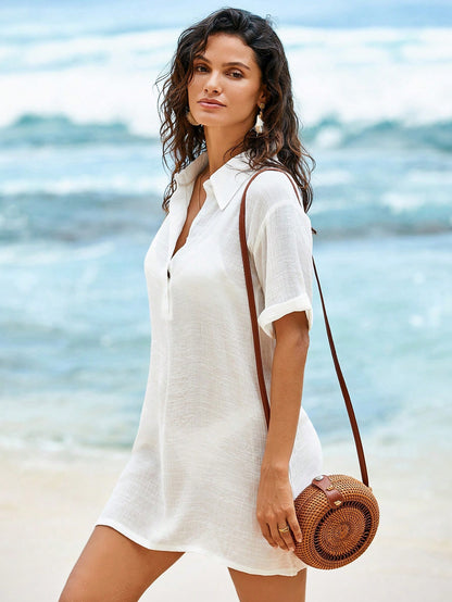 Swim Lushoire Summer Women's Lapel Half Sleeve Casual Vacation Beach Solid Color Woven Swimwear Cover Up