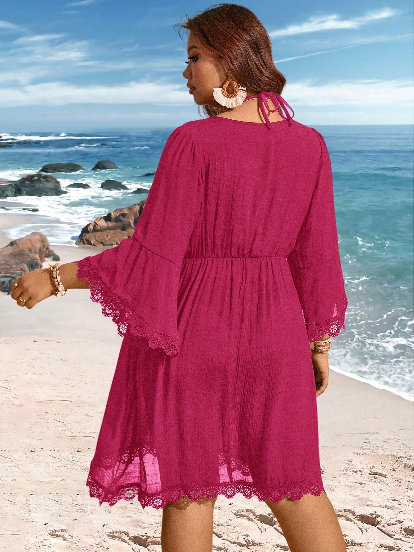 Swim Lushoire V-Neck Lace Patchwork Bell Sleeve Loose Plus Size Cover Up Dress For Summer Beach Vacation