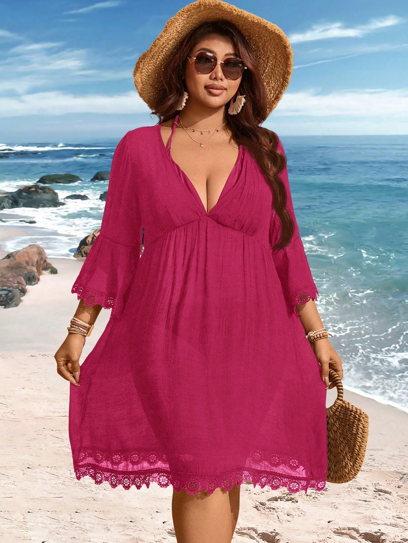 Swim Lushoire V-Neck Lace Patchwork Bell Sleeve Loose Plus Size Cover Up Dress For Summer Beach Vacation