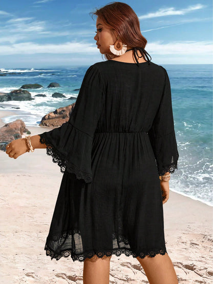 Swim Lushoire V-Neck Lace Patchwork Bell Sleeve Loose Plus Size Cover Up Dress For Summer Beach Vacation