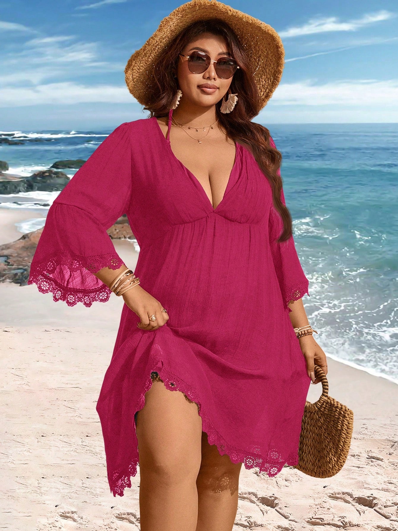 Swim Lushoire V-Neck Lace Patchwork Bell Sleeve Loose Plus Size Cover Up Dress For Summer Beach Vacation