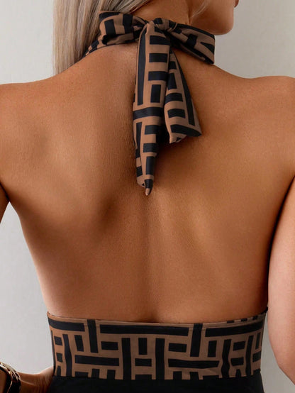 Swim Lushoire Women's Vacation Geometric Print Plunging Neck One-Piece Swimsuit For Summer