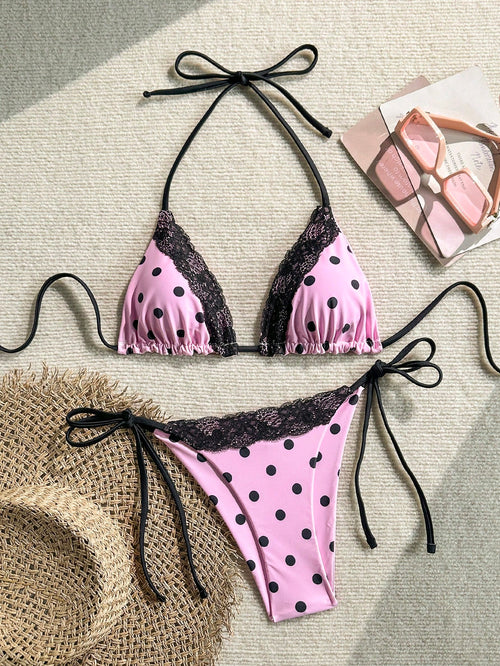 Swim Mod 2026 Lace Patchwork Halter Knotted Polka Dot Print Tankini Swimwear