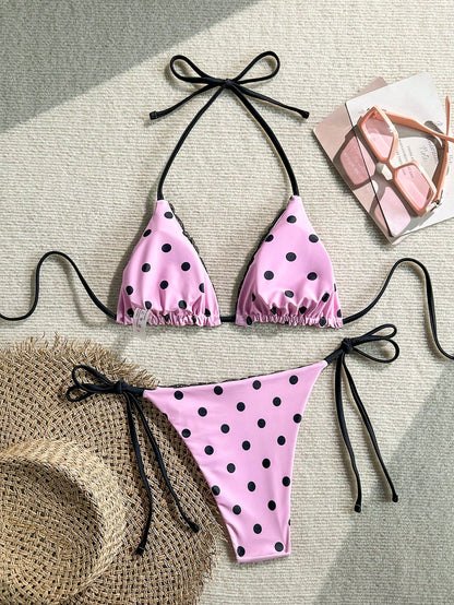 Swim Mod 2026 Lace Patchwork Halter Knotted Polka Dot Print Tankini Swimwear