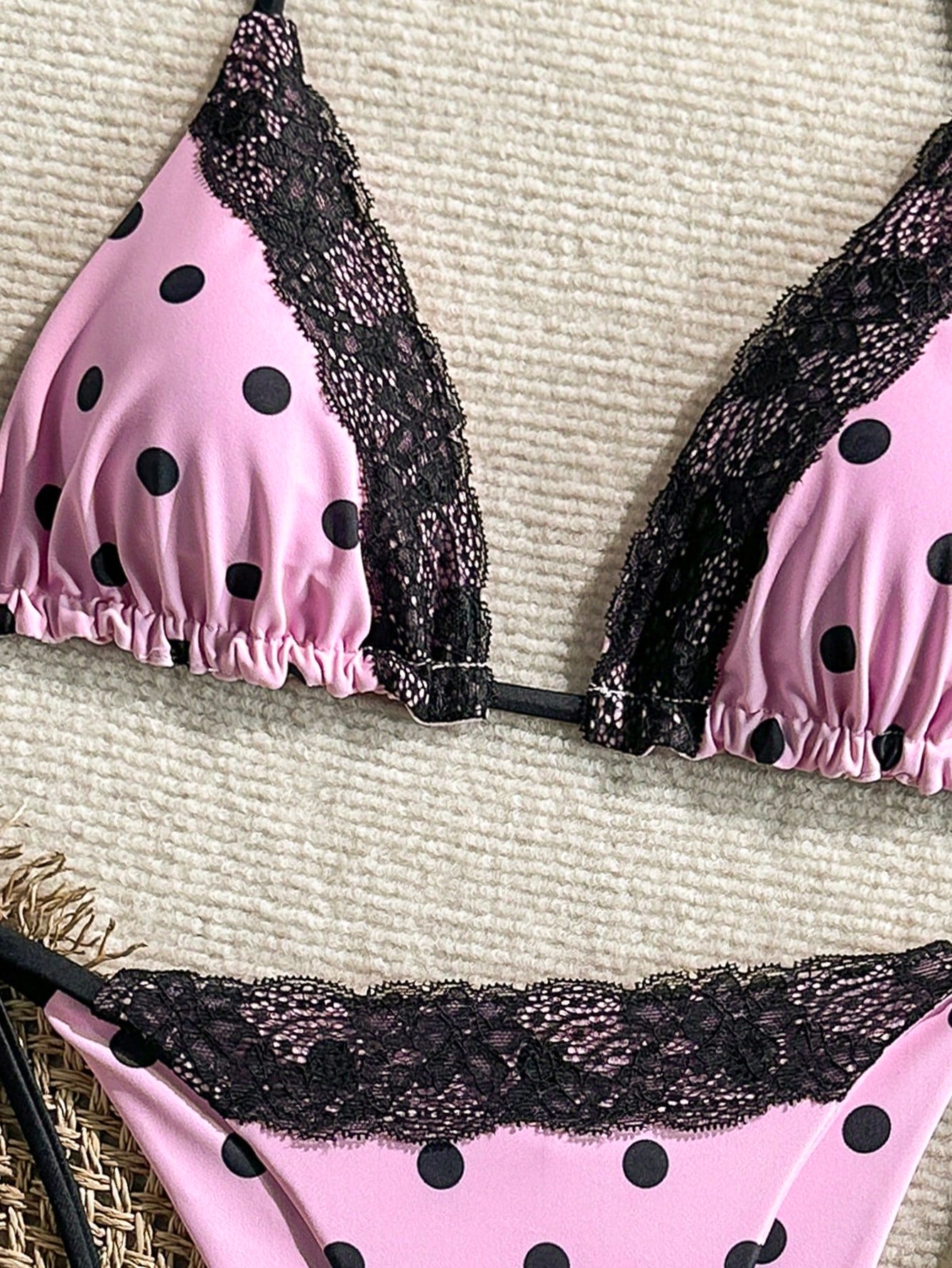 Swim Mod 2026 Lace Patchwork Halter Knotted Polka Dot Print Tankini Swimwear
