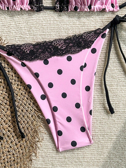 Swim Mod 2026 Lace Patchwork Halter Knotted Polka Dot Print Tankini Swimwear