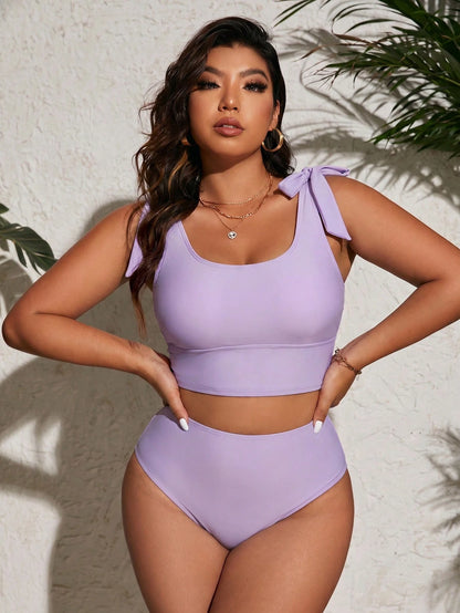 Swim Mod 2026 New Light Blue Bow Shoulder Strap Sweet Plus Size Tankini Set Beach Vacation Summer Modest