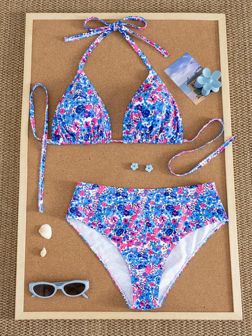 Swim Mod 2026 New Plus Size 2-Piece Ditsy Floral Spaghetti Strap Bikini Set Set, Suitable For Beach Holiday Wear, Spring/Summer