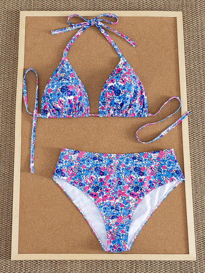 Swim Mod 2026 New Plus Size 2-Piece Ditsy Floral Spaghetti Strap Bikini Set Set, Suitable For Beach Holiday Wear, Spring/Summer