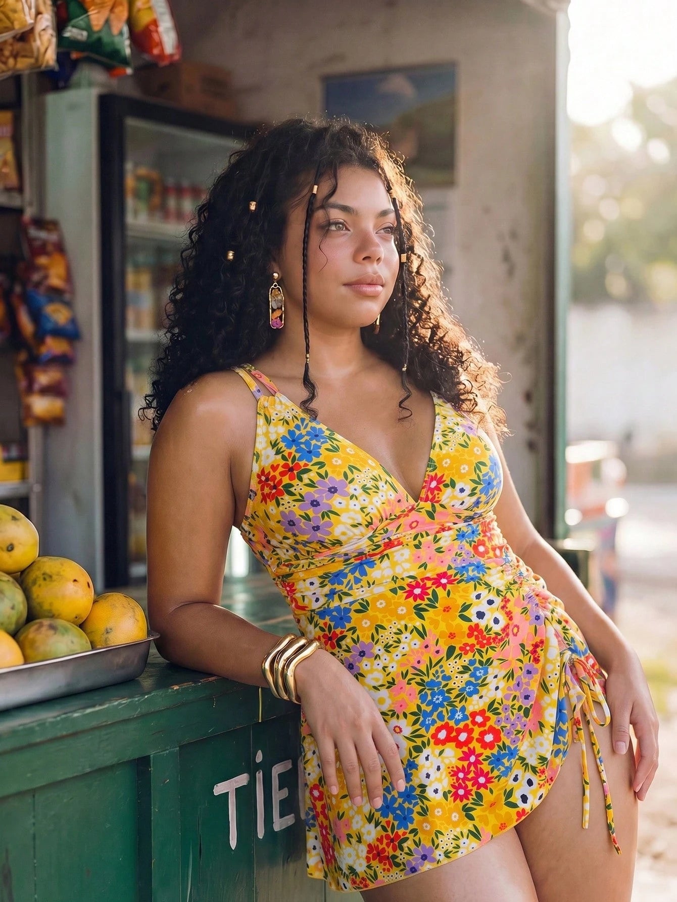 Swim Mod 2026 New Spring/Summer Plus Size 2-Piece Floral Random Print Drawstring Criss-Cross V-Neck Ruffled Short Skirt Sexy Women's Swimsuit Set Suitable For Summer Beach And Vacation