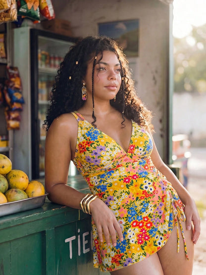Swim Mod 2026 New Spring/Summer Plus Size 2-Piece Floral Random Print Drawstring Criss-Cross V-Neck Ruffled Short Skirt Sexy Women's Swimsuit Set Suitable For Summer Beach And Vacation