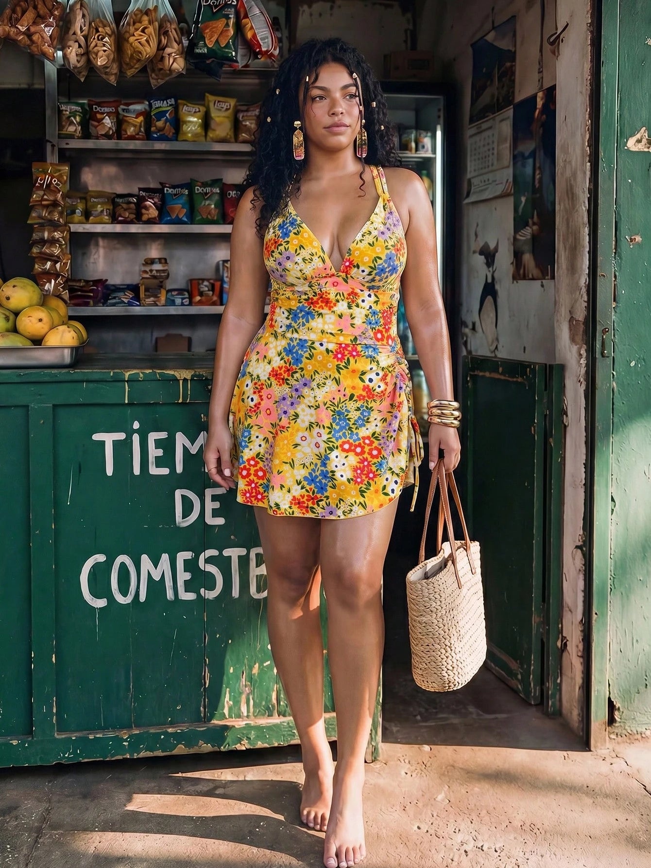 Swim Mod 2026 New Spring/Summer Plus Size 2-Piece Floral Random Print Drawstring Criss-Cross V-Neck Ruffled Short Skirt Sexy Women's Swimsuit Set Suitable For Summer Beach And Vacation