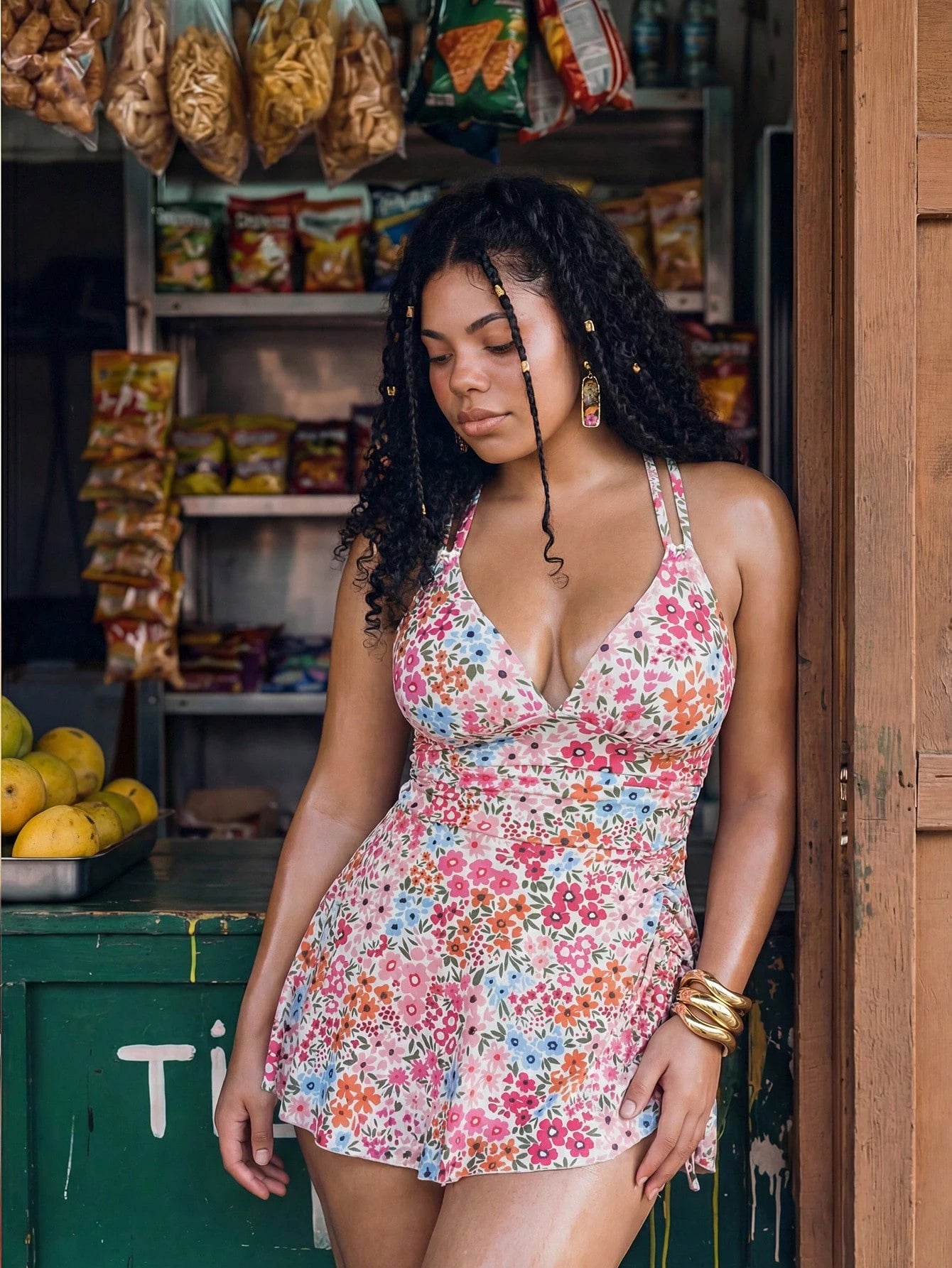 Swim Mod 2026 New Spring/Summer Plus Size 2-Piece Floral Random Print Drawstring Criss-Cross V-Neck Ruffled Short Skirt Sexy Women's Swimsuit Set Suitable For Summer Beach And Vacation