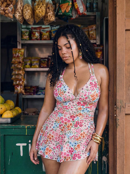 Swim Mod 2026 New Spring/Summer Plus Size 2-Piece Floral Random Print Drawstring Criss-Cross V-Neck Ruffled Short Skirt Sexy Women's Swimsuit Set Suitable For Summer Beach And Vacation