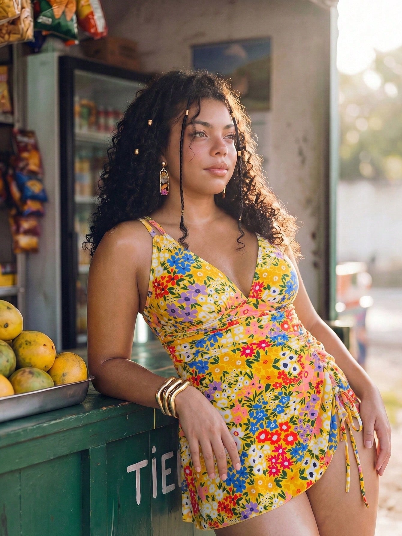 Swim Mod 2026 New Spring/Summer Plus Size 2-Piece Floral Random Print Drawstring Criss-Cross V-Neck Ruffled Short Skirt Sexy Women's Swimsuit Set Suitable For Summer Beach And Vacation