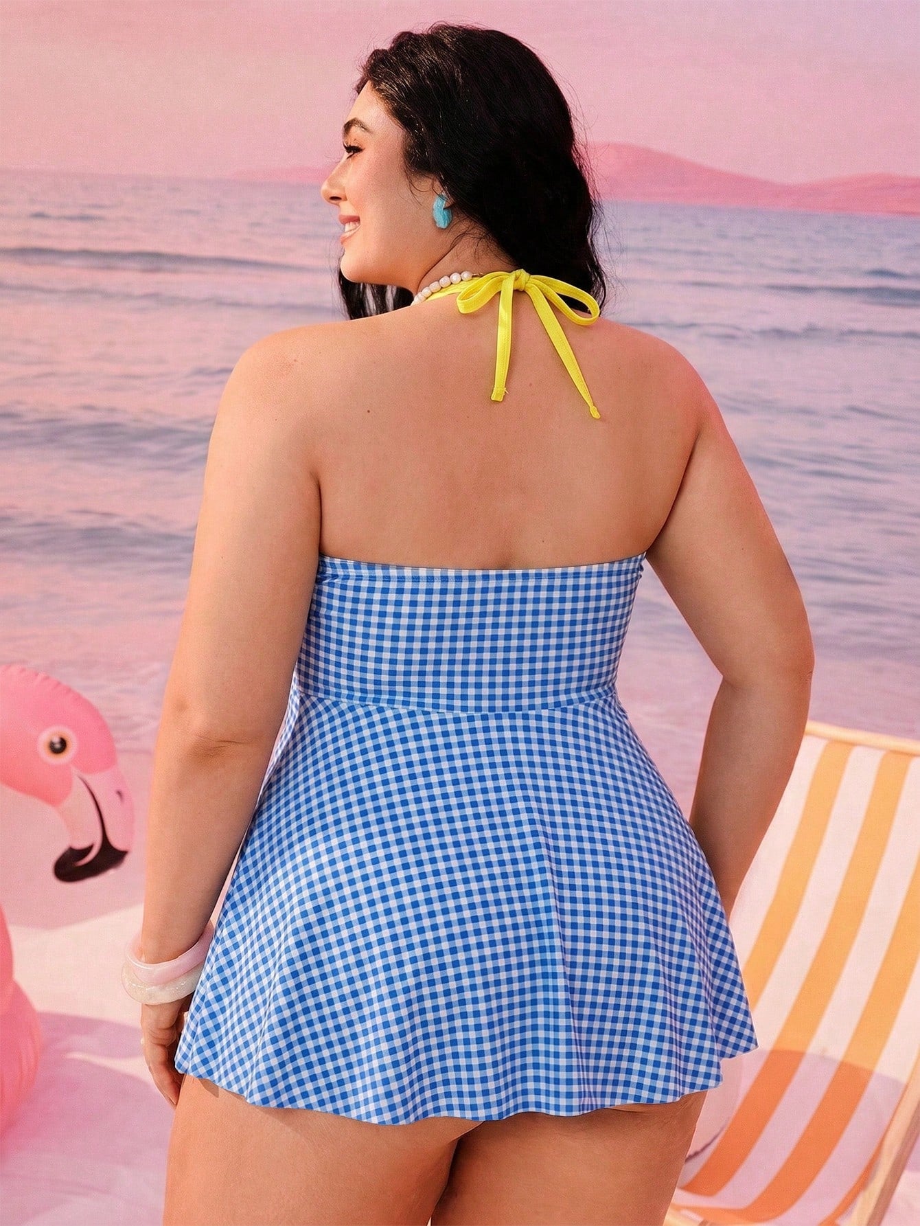 Swim Mod 2026 New Spring/Summer Plus Size Women's Vacation Beach Plaid Halter Tankini Set