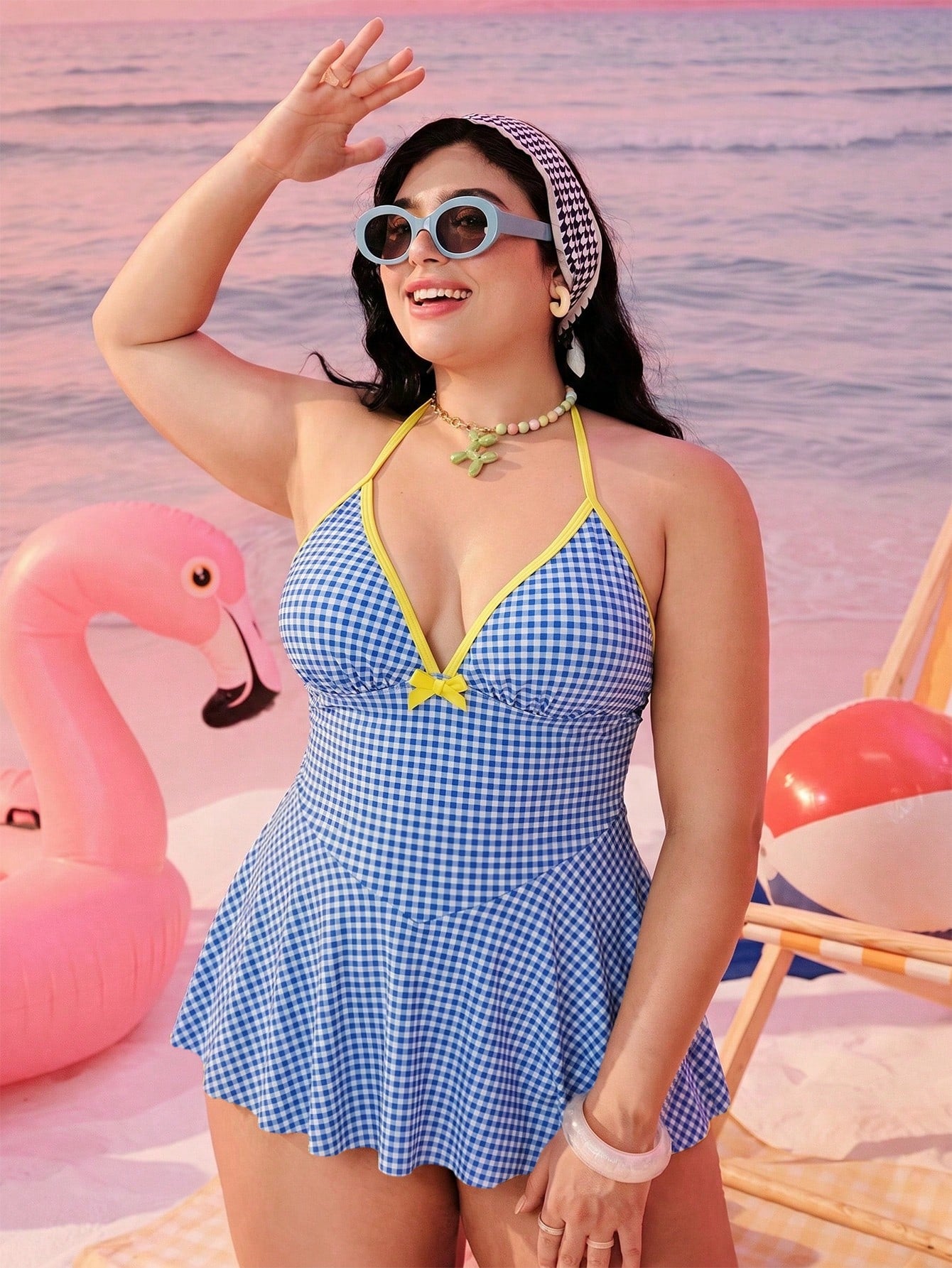 Swim Mod 2026 New Spring/Summer Plus Size Women's Vacation Beach Plaid Halter Tankini Set