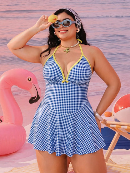 Swim Mod 2026 New Spring/Summer Plus Size Women's Vacation Beach Plaid Halter Tankini Set