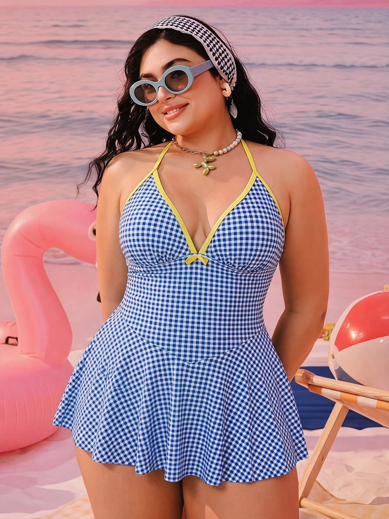 Swim Mod 2026 New Spring/Summer Plus Size Women's Vacation Beach Plaid Halter Tankini Set