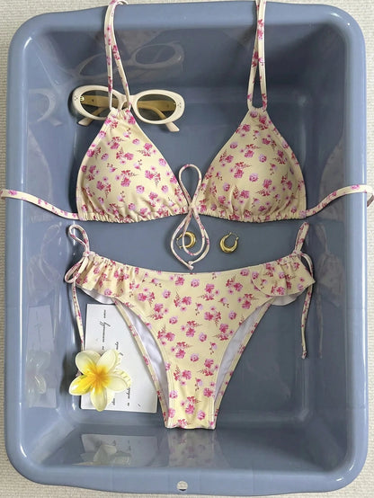 Swim Mod 2026 New Sweet Floral Plus Size Swimsuit Set Beach Yellow Summer