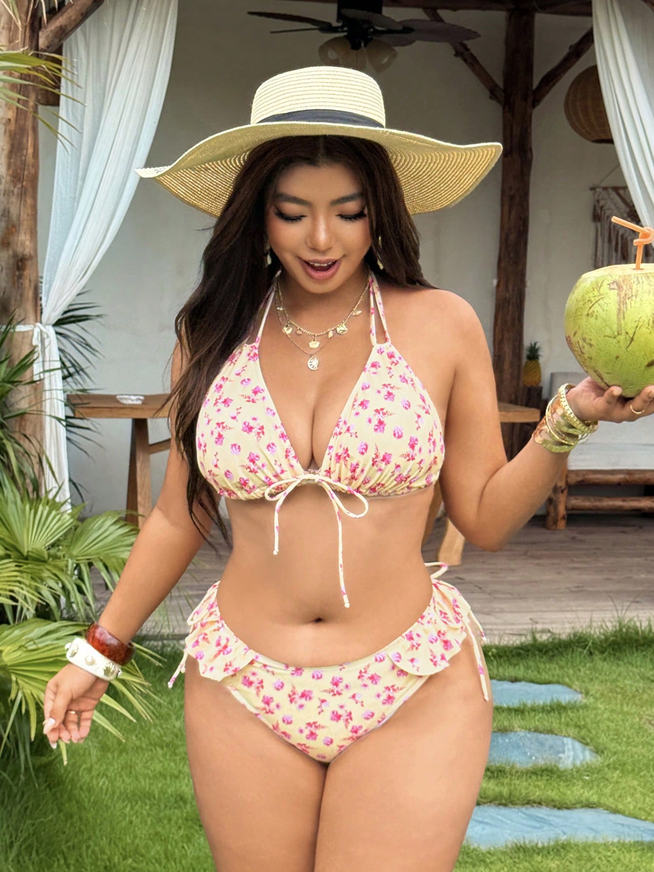 Swim Mod 2026 New Sweet Floral Plus Size Swimsuit Set Beach Yellow Summer