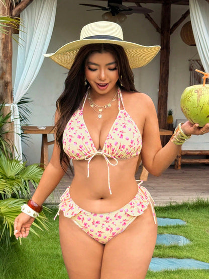 Swim Mod 2026 New Sweet Floral Plus Size Swimsuit Set Beach Yellow Summer