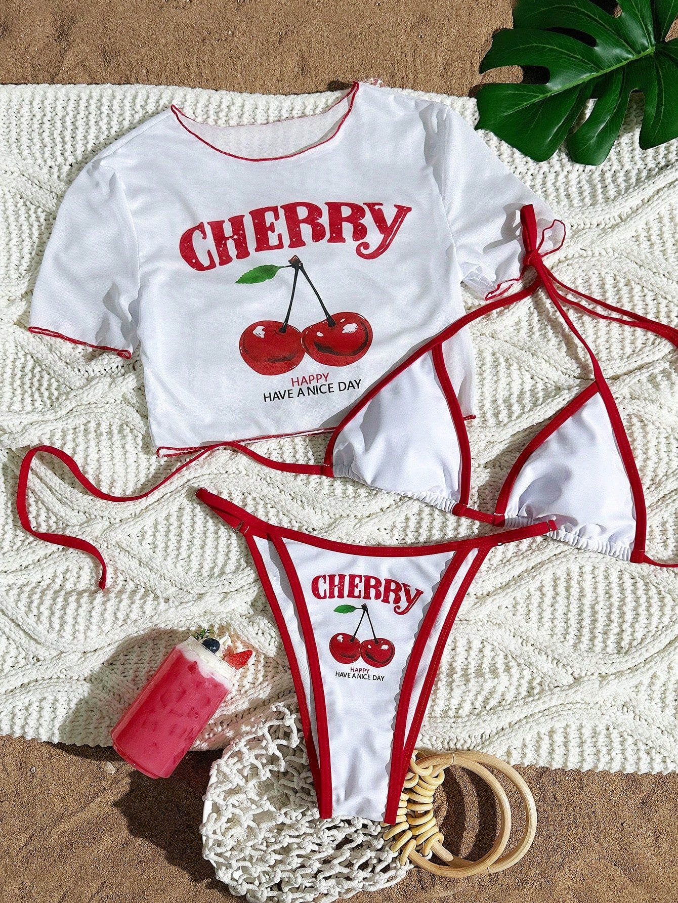 Swim Mod 3pcs Women White Cute Cherry Print Spaghetti Strap Bikini,See-Through Mesh Cover Up Short Sleeve Top Knitted Swimwear Beach Summer Holiday Pool Party