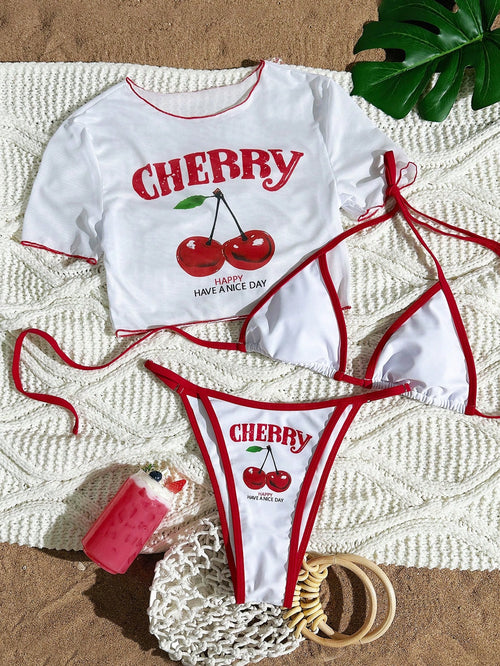 Swim Mod 3pcs Women White Cute Cherry Print Spaghetti Strap Bikini,See-Through Mesh Cover Up Short Sleeve Top Knitted Swimwear Beach Summer Holiday Pool Party