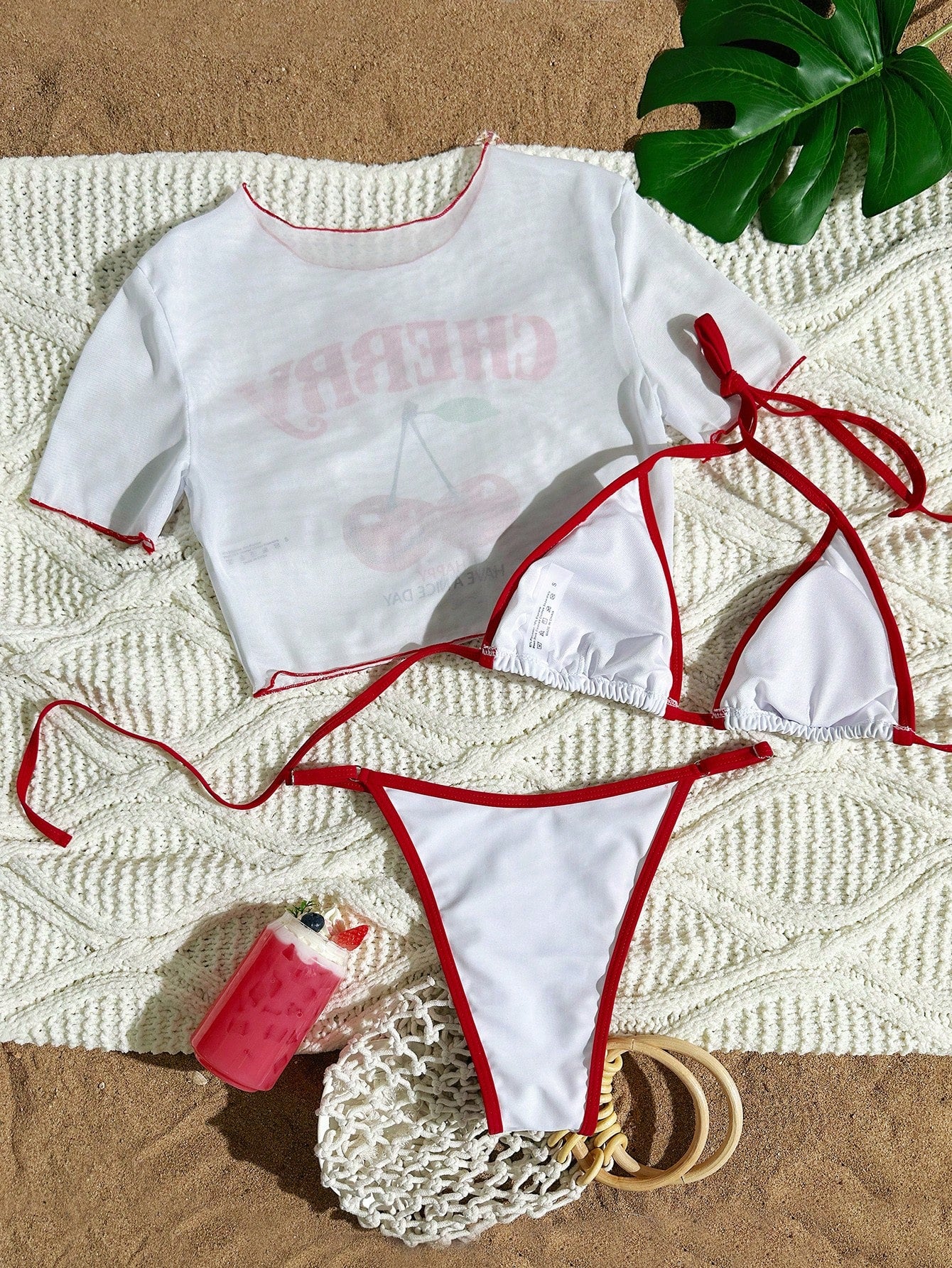 Swim Mod 3pcs Women White Cute Cherry Print Spaghetti Strap Bikini,See-Through Mesh Cover Up Short Sleeve Top Knitted Swimwear Beach Summer Holiday Pool Party
