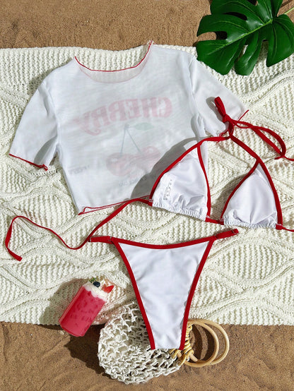 Swim Mod 3pcs Women White Cute Cherry Print Spaghetti Strap Bikini,See-Through Mesh Cover Up Short Sleeve Top Knitted Swimwear Beach Summer Holiday Pool Party